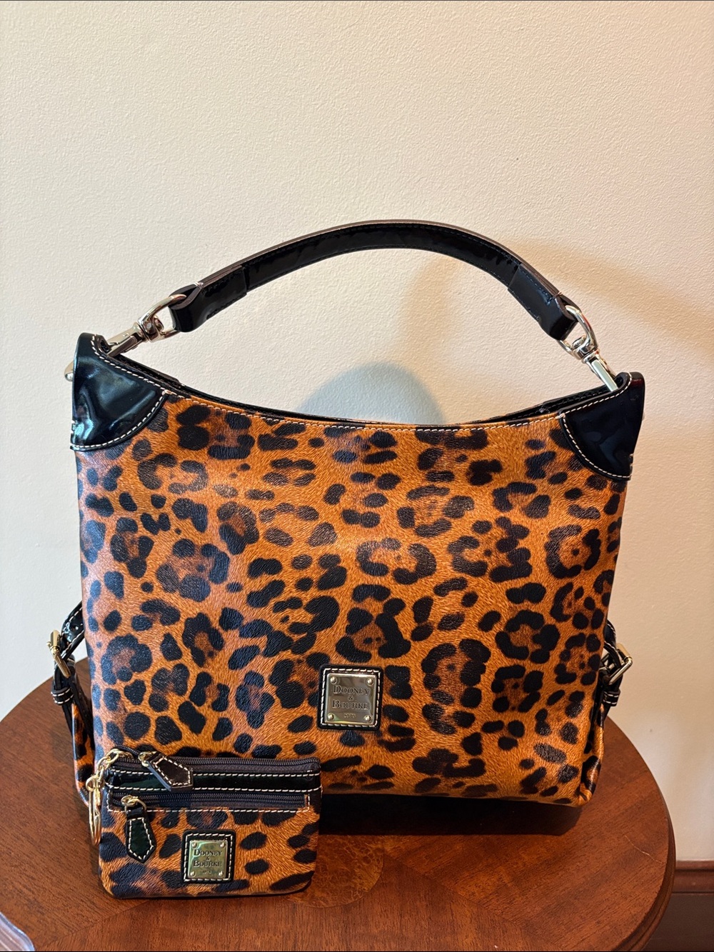 Dooney & Bourke Leopard Print Hobo Bag Brown/ black /hair texture/ black patent